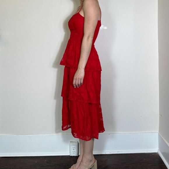 Lulus Grace and Beauty Red Burnout Floral Print Tiered Dress Size XS - Picture 6 of 7
